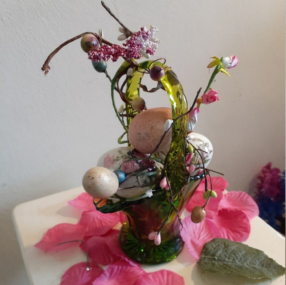 Green Glass Basket With Floral Eggs